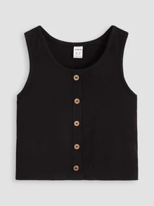 SHEIN Áo ba lỗ dệt kim cài nút phía trước màu trơn cho bé gái tuổi mới lớn 2 chiếc/bộ - Nhiều màu - Xem 5