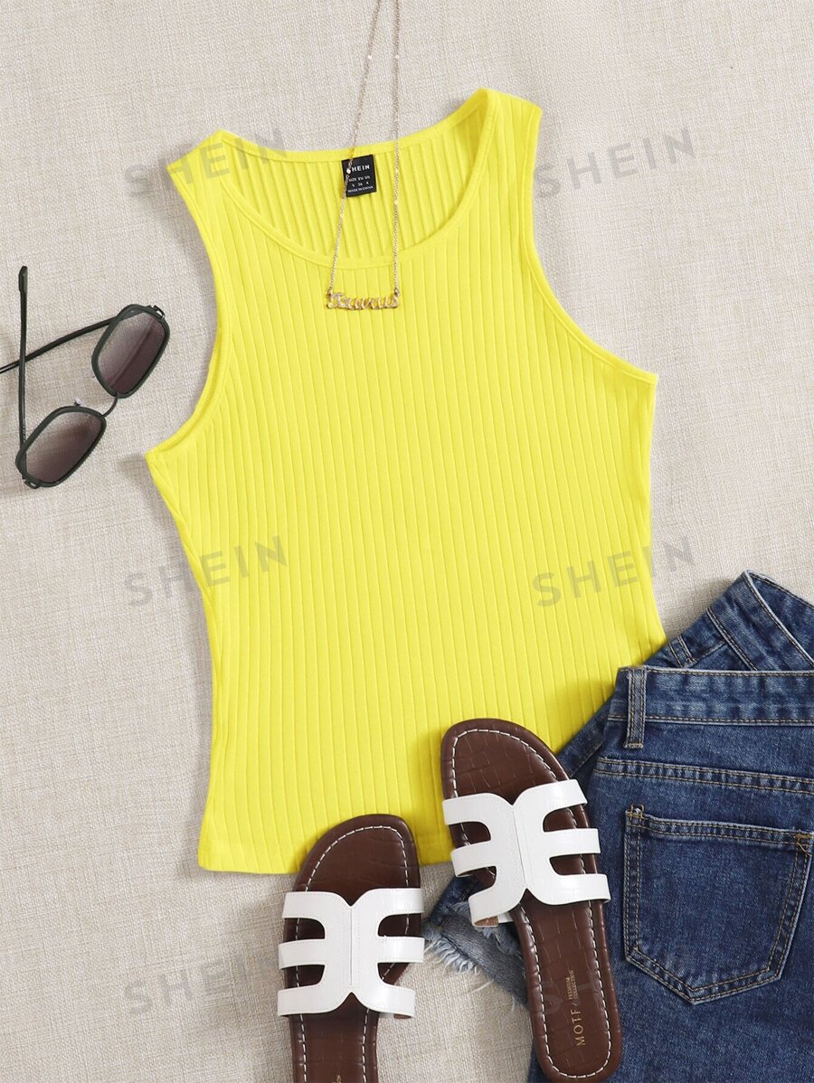 SHEIN EZwear Top sin mangas de punto acanalado amarillo para looks de verano - Amarillo - Ver 1