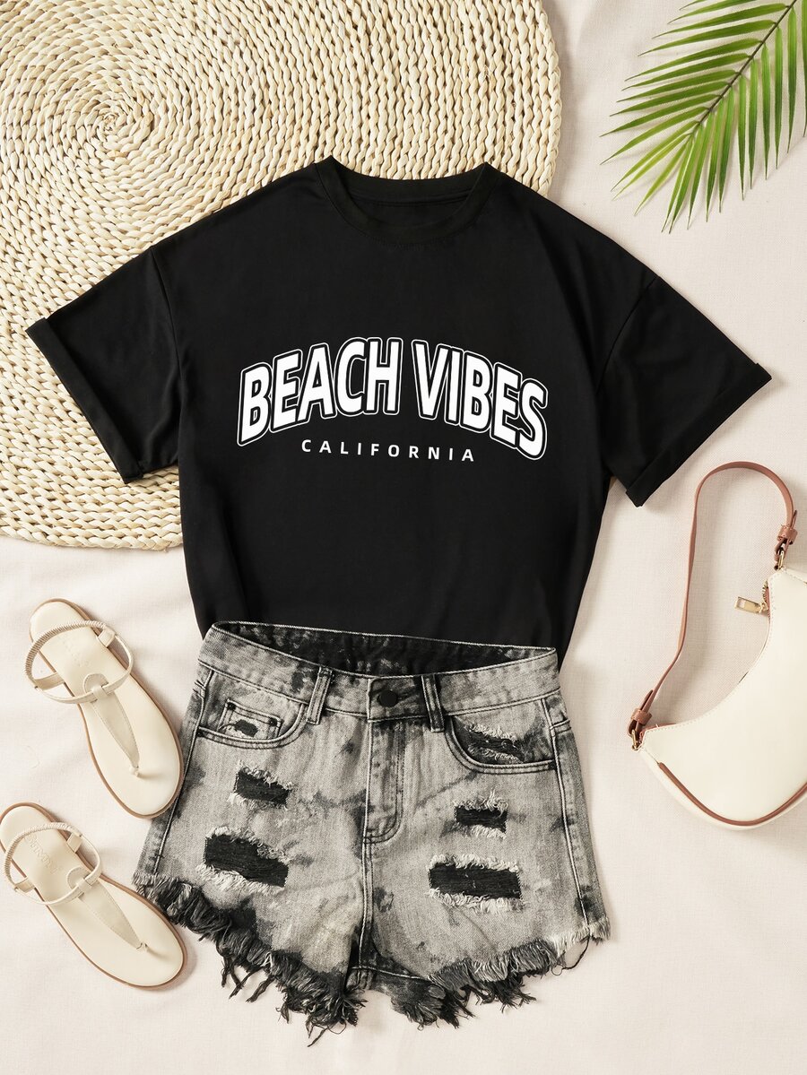 字母图案圆领 T 恤 图案 T 恤 女式上衣 - 黑色 - 查看 1