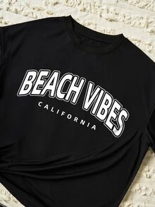 字母图案圆领 T 恤 图案 T 恤 女式上衣 - 黑色 - 查看 5