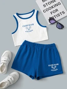 SHEIN Girls Letter Graphic Contrast Binding Tank & Track Shorts Set - Blue and White - View 1