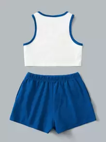 SHEIN Girls Letter Graphic Contrast Binding Tank & Track Shorts Set - Blue and White - View 2