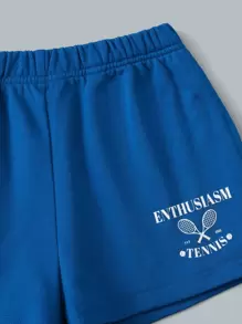 SHEIN Girls Letter Graphic Contrast Binding Tank & Track Shorts Set - Blue and White - View 3