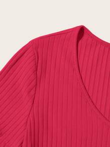 SHEIN Essnce Áo thun nữ Gân đan màu trơn Giải trí - Màu Hồng  Dưa hấu - Xem 5