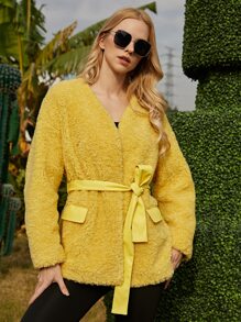 ZIAI Drop Shoulder Open Front Belted Teddy Coat - Yellow - View 1