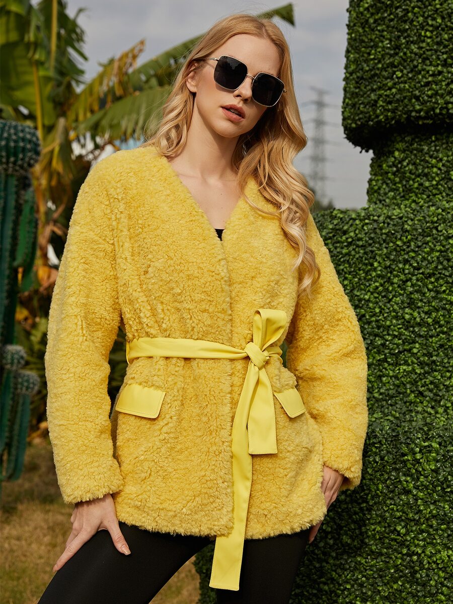 ZIAI Drop Shoulder Open Front Belted Teddy Coat - Yellow - View 1