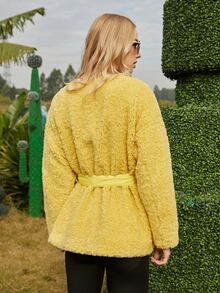 ZIAI Drop Shoulder Open Front Belted Teddy Coat - Yellow - View 2