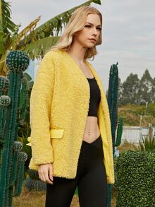 ZIAI Drop Shoulder Open Front Belted Teddy Coat - Yellow - View 3