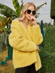 ZIAI Drop Shoulder Open Front Belted Teddy Coat - Yellow - View 5
