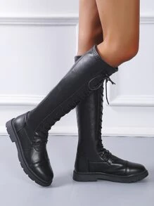 Lace-up Front Mid Calf Combat Boots - Black - View 3