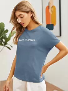 SHEIN Essnce Make It Better Graphic Batwing Sleeve Tee - Dusty Blue - View 3