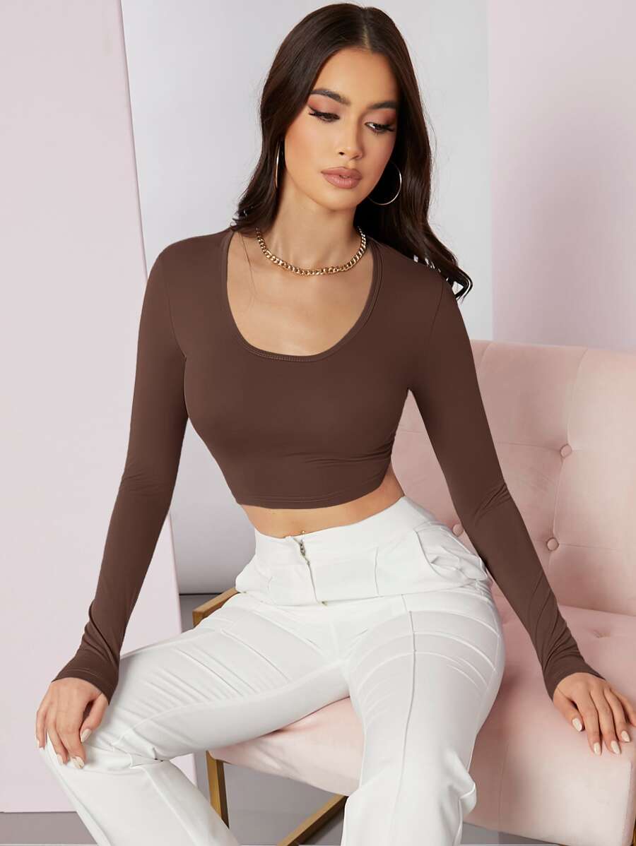 SHEIN BAE Áo thun nữ màu trơn Giải trí - Cà phê nâu - Xem 1