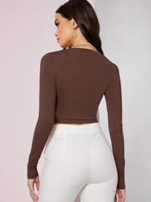 SHEIN BAE Áo thun nữ màu trơn Giải trí - Cà phê nâu - Xem 2