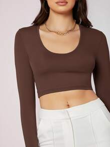 SHEIN BAE Áo thun nữ màu trơn Giải trí - Cà phê nâu - Xem 3