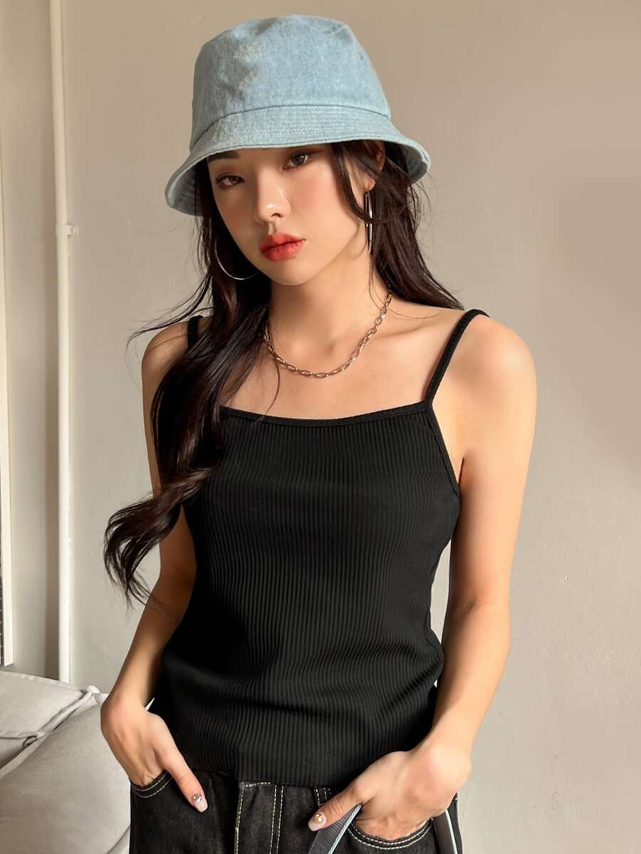 DAZY Áo hai dây Lộ Lưng Gân đan màu trơn Giải trí - màu đen - Xem 1