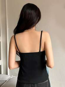 DAZY Áo hai dây Lộ Lưng Gân đan màu trơn Giải trí - màu đen - Xem 2