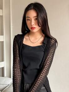 DAZY Áo hai dây Lộ Lưng Gân đan màu trơn Giải trí - màu đen - Xem 3