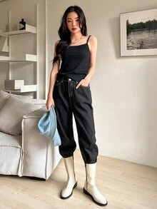 DAZY Áo hai dây Lộ Lưng Gân đan màu trơn Giải trí - màu đen - Xem 4