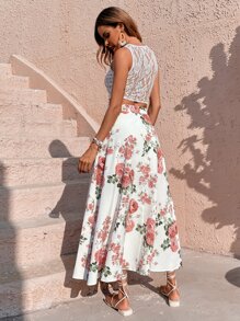 SHEIN VCAY Lace Tank Top & Floral Print Skirt - Multicolor - View 2