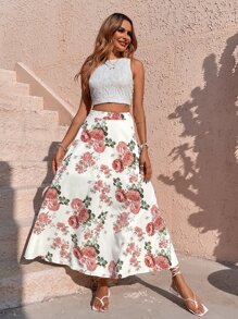 SHEIN VCAY Lace Tank Top & Floral Print Skirt - Multicolor - View 4