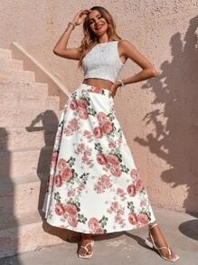 SHEIN VCAY Lace Tank Top & Floral Print Skirt - Multicolor - View 7