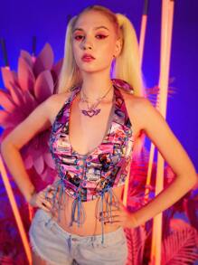 SHEIN Unity Figure Graphic Lace Up Detail Open Back Crop Halter Top - Multicolor - View 1