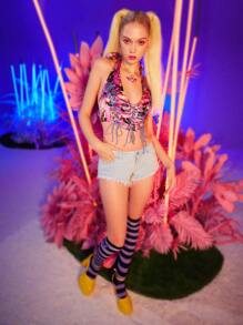 SHEIN Unity Figure Graphic Lace Up Detail Open Back Crop Halter Top - Multicolor - View 4