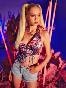 SHEIN Unity Figure Graphic Lace Up Detail Open Back Crop Halter Top - Multicolor - View 6