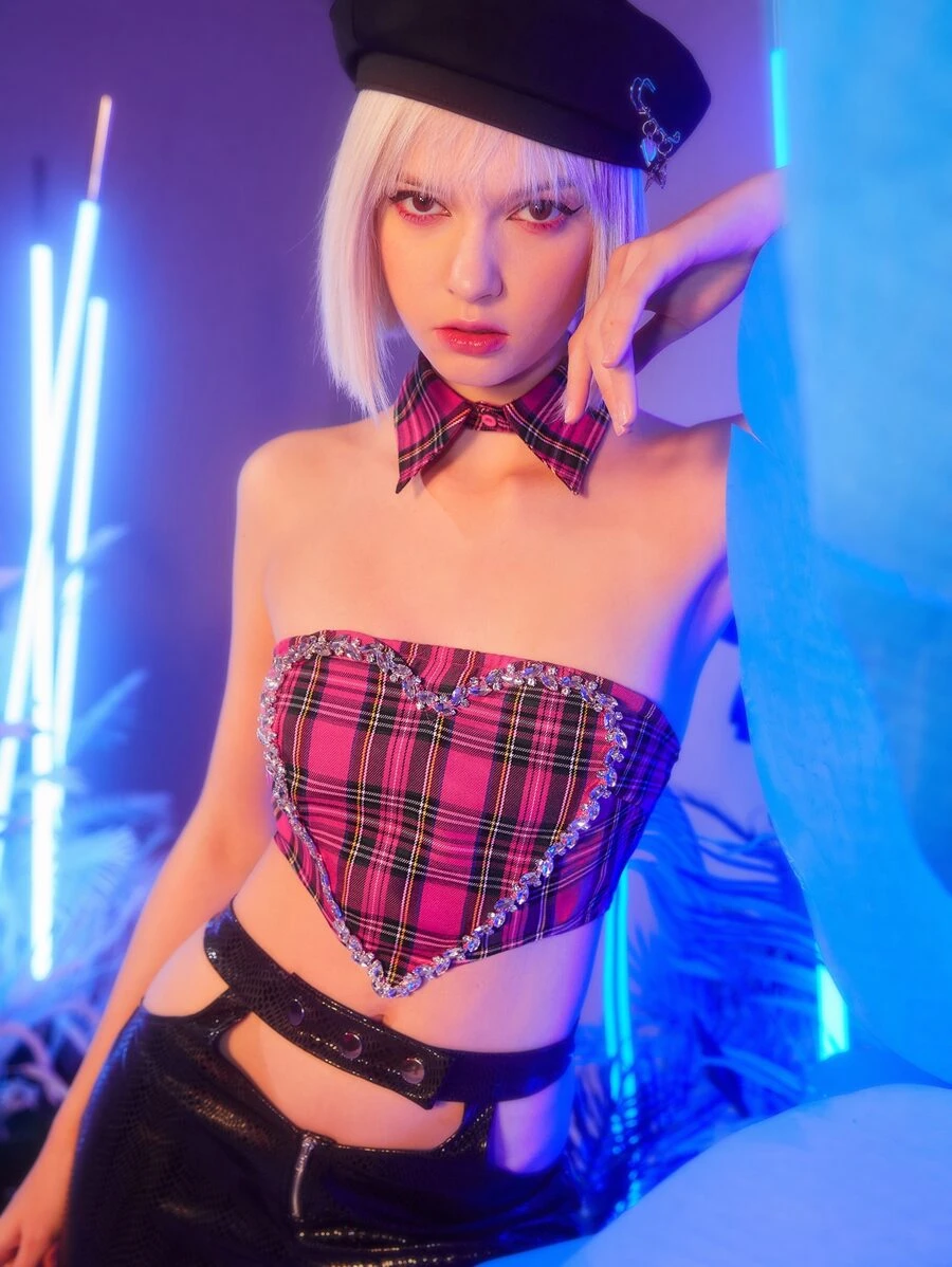 SHEIN ICON Áo nữ Lộ Lưng Pha lê kim cương kẻ sọc Gợi cảm - Nhiều màu - Xem 1