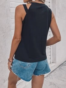 Cutout Shoulder Solid Tank Top - Navy Blue - View 2