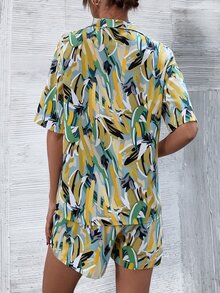 落肩袖熱帶圖案襯衫和短褲 - 彩色 - 查看 3