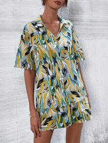 落肩袖熱帶圖案襯衫和短褲 - 彩色 - 查看 4