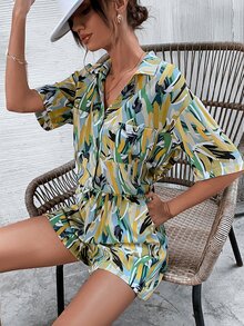 落肩袖熱帶圖案襯衫和短褲 - 彩色 - 查看 5
