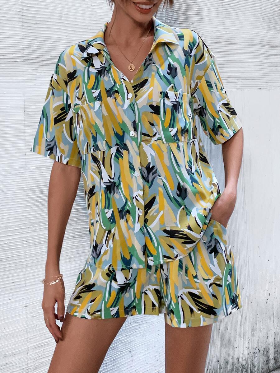 落肩袖熱帶圖案襯衫和短褲 - 彩色 - 查看 1