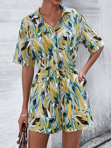 落肩袖熱帶圖案襯衫和短褲 - 彩色 - 查看 6