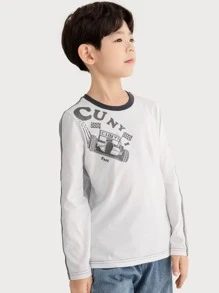 Niños Camiseta con estampado de letra ribete en contraste - Gris Claro - Ver 1