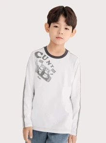 Niños Camiseta con estampado de letra ribete en contraste - Gris Claro - Ver 3