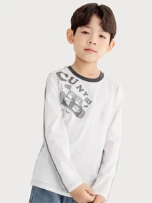 Niños Camiseta con estampado de letra ribete en contraste - Gris Claro - Ver 4