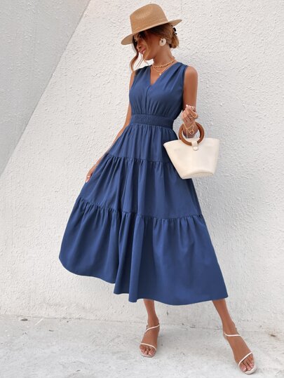 SHEIN VCAY 打褶後綁帶荷葉邊連衣裙