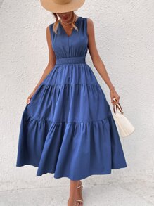 SHEIN VCAY Shirred Tie Back Ruffle Hem Dress - Blue - View 3