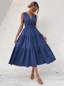 SHEIN VCAY Shirred Tie Back Ruffle Hem Dress - Blue - View 4