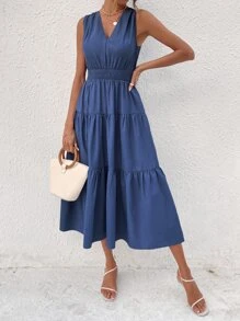 SHEIN VCAY Shirred Tie Back Ruffle Hem Dress - Blue - View 5