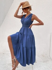 SHEIN VCAY Shirred Tie Back Ruffle Hem Dress - Blue - View 6