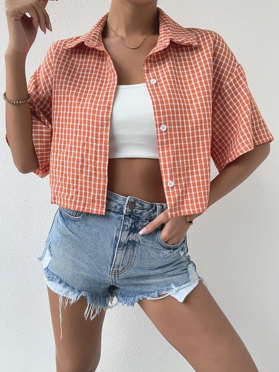 格紋印花落肩袖襯衫 - 珊瑚橙 - 查看 1