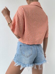 格紋印花落肩袖襯衫 - 珊瑚橙 - 查看 2