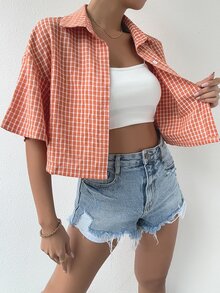 格紋印花落肩袖襯衫 - 珊瑚橙 - 查看 3