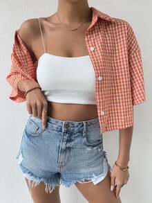 格紋印花落肩袖襯衫 - 珊瑚橙 - 查看 4