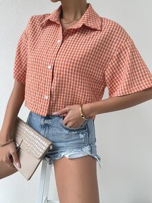 格紋印花落肩袖襯衫 - 珊瑚橙 - 查看 5