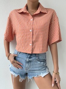格紋印花落肩袖襯衫 - 珊瑚橙 - 查看 6