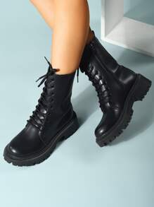 極簡風格前綁帶側拉鍊馬丁靴 - 黑色 - 查看 3